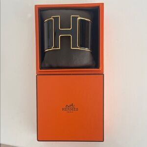 AUTHENTIC Like New Hermes H Clic Clac Cuff XL PM Black & Gold Bracelet W/ Box